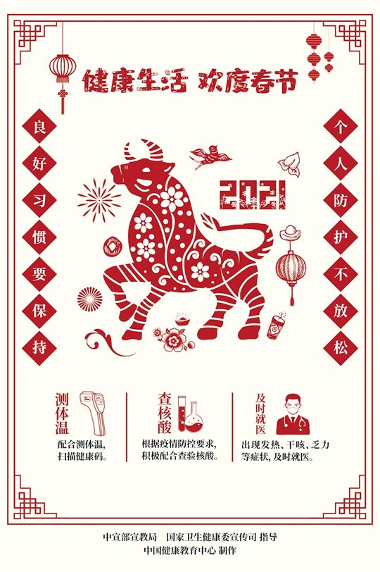 健康生活歡度春節(jié)疫情防控海報（剪紙）3